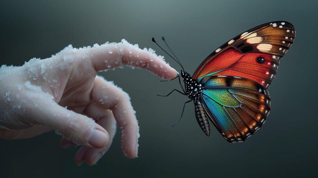 美しい蝶の羽を掴もうとする冷たい手の描写。