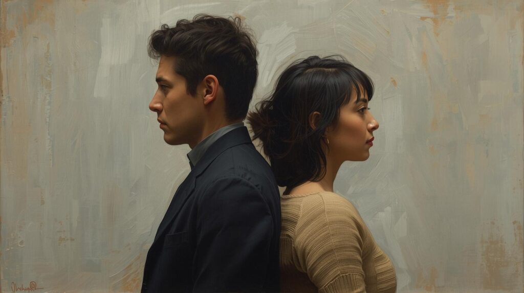 背中合わせで考え込んでいる男女