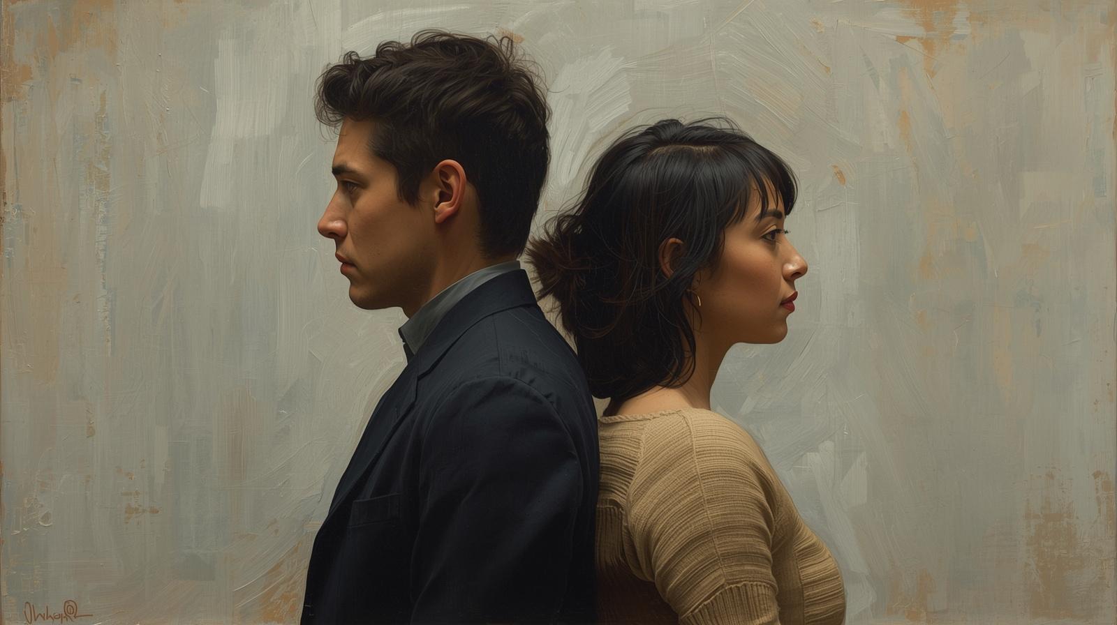 背中合わせで考え込んでいる男女