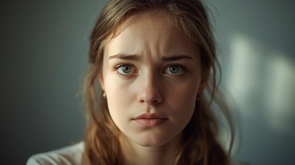 自信なさげな目で見つめる女性。