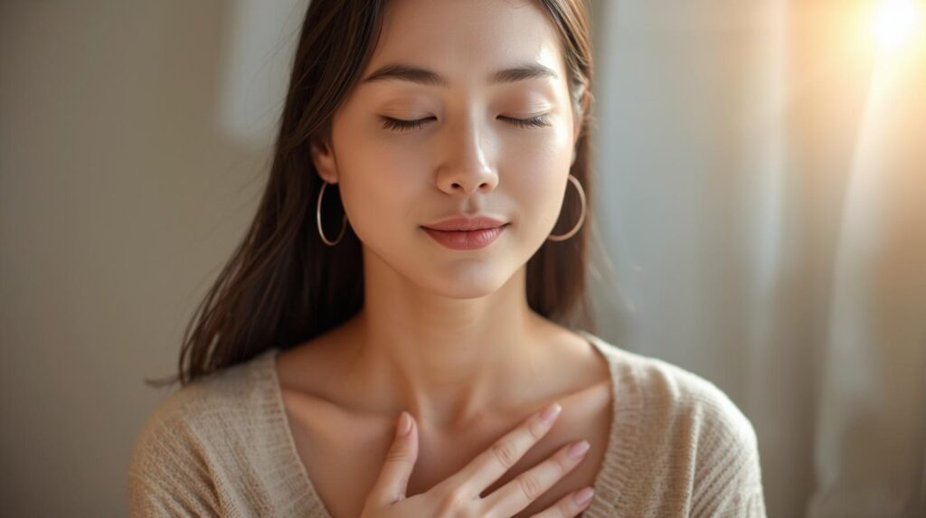 自分の胸にそっと手を当てて、深呼吸をしている温かい雰囲気の女性