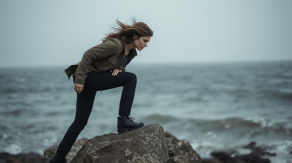 荒れた海を見つめながら、自分の足元をしっかり確認して立つ女性