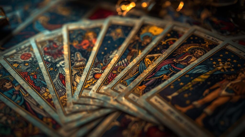 複雑な運命を解き明かすような、神秘的なタロットカードの並び。
