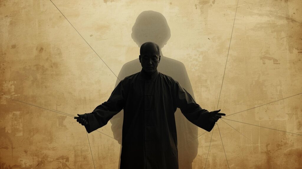 見えない糸で操られている男性のシルエットと、その後ろにぼんやりと浮かぶ母親の影。