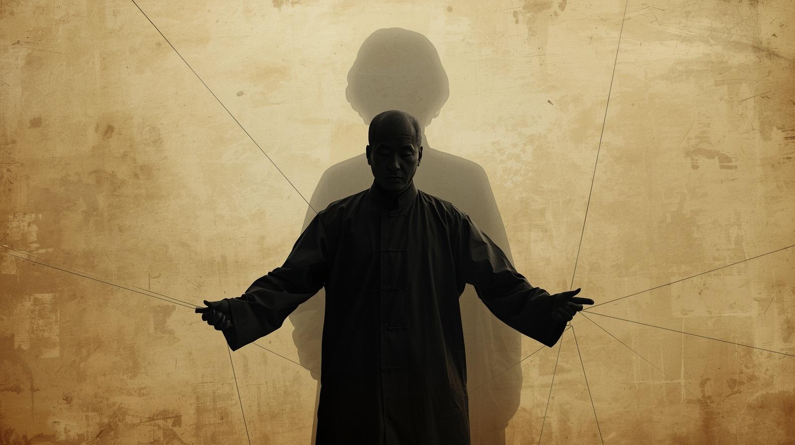 見えない糸で操られている男性のシルエットと、その後ろにぼんやりと浮かぶ母親の影。