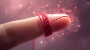 赤い糸が指にきつく巻き付いている幻想的な描写。