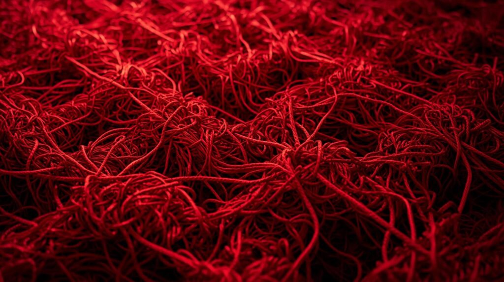 赤い糸が複雑に絡まりすぎて、出口が見えなくなっている迷路のようなイメージ。