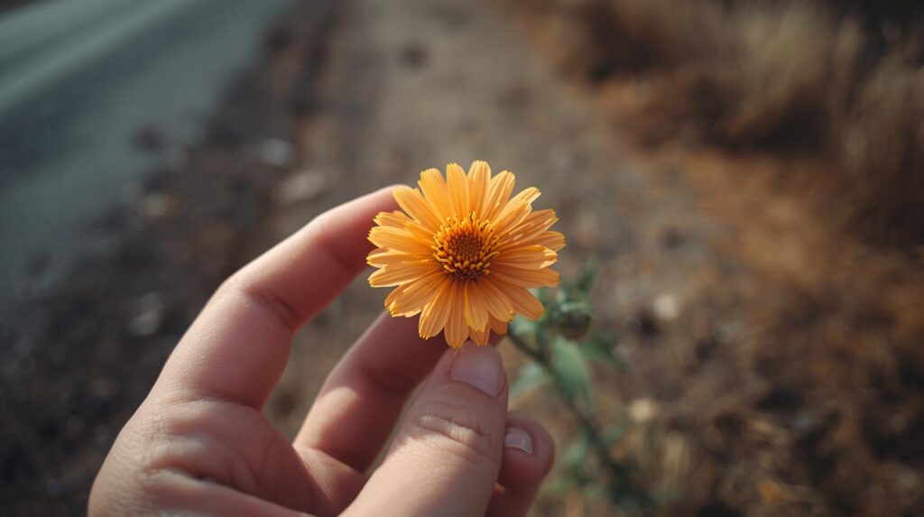 道端に咲く小さな花を、優しく指先で触れたり見つめたりしているアップの写真。