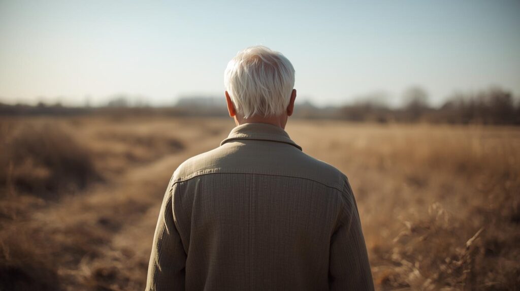 遠くで働く父親の背中。