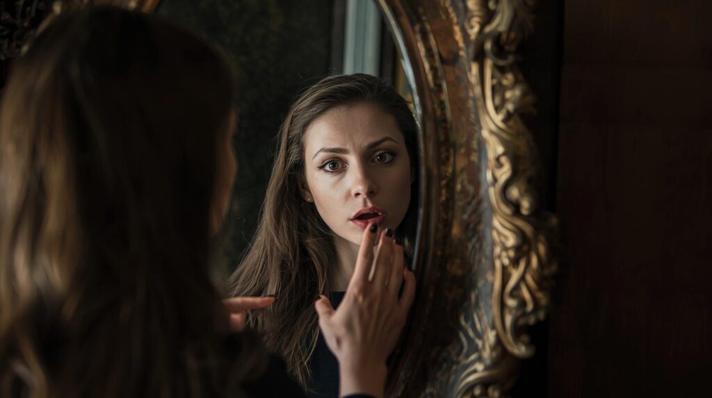 鏡に映る自分を指差しているけれど、鏡の中の自分が別の誰かに見えるような不思議な描写