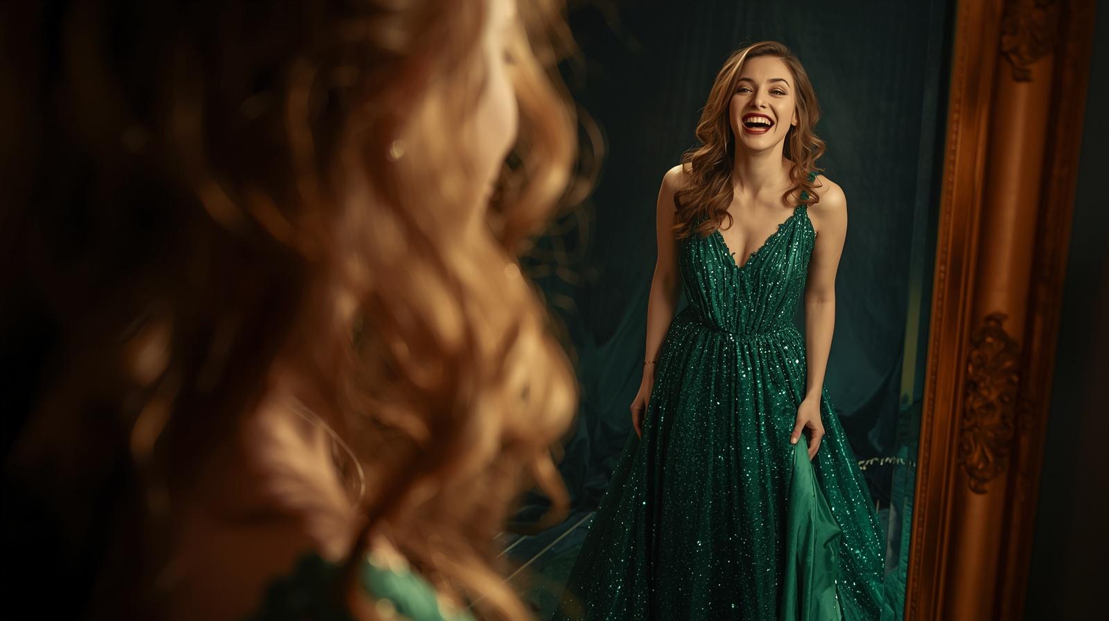 鏡に映る自分を見つめる女性。鏡の中の自分が、外側の自分とは少し違う、華やかなドレスを着ていたり自由な表情をしていたりする幻想的な描写。