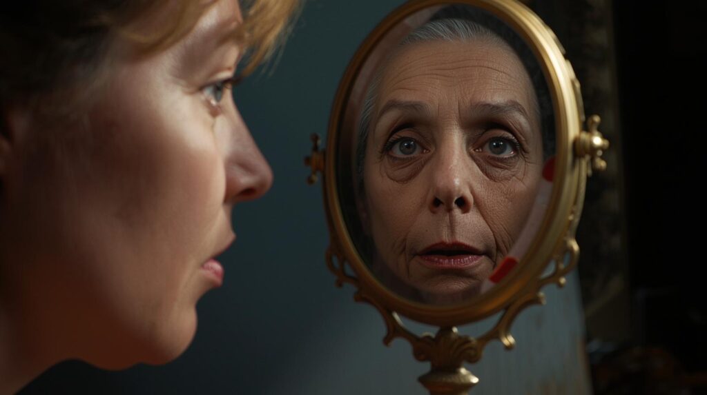鏡を覗き込む女性。鏡の中に映っているのは自分ではなく、お義母さんの顔……というショッキングな構図。