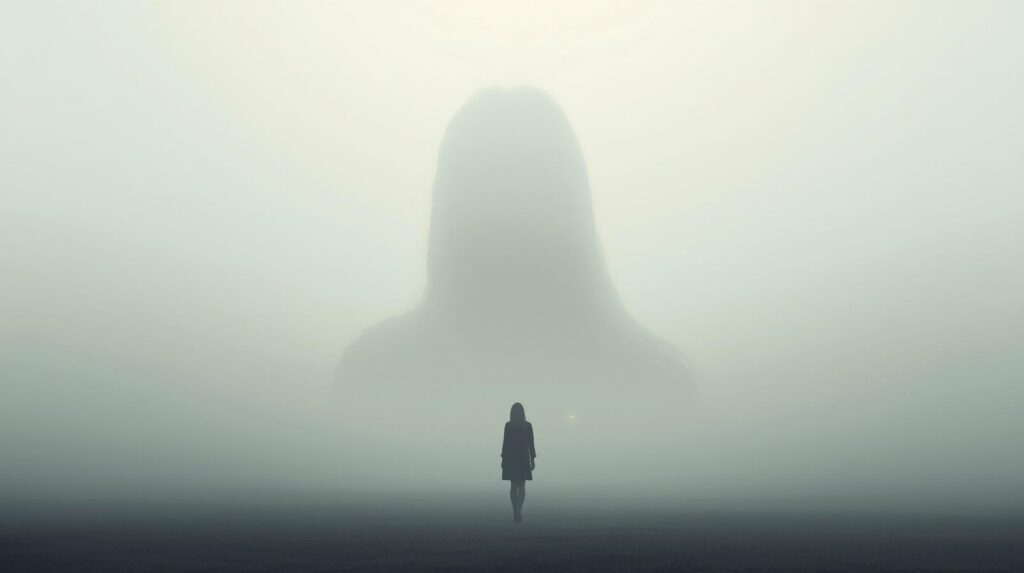 霧の中に一人で立ち尽くす女性と、それを見下ろす大きな影