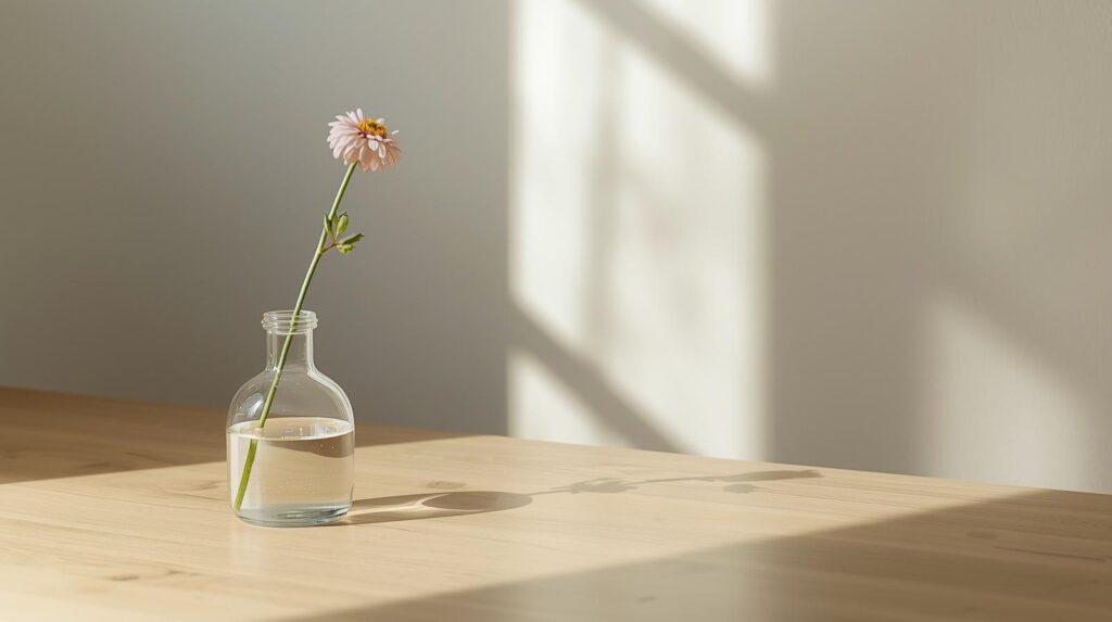 静かな朝、何も置かれていないテーブルの上にある一輪挿しの花。