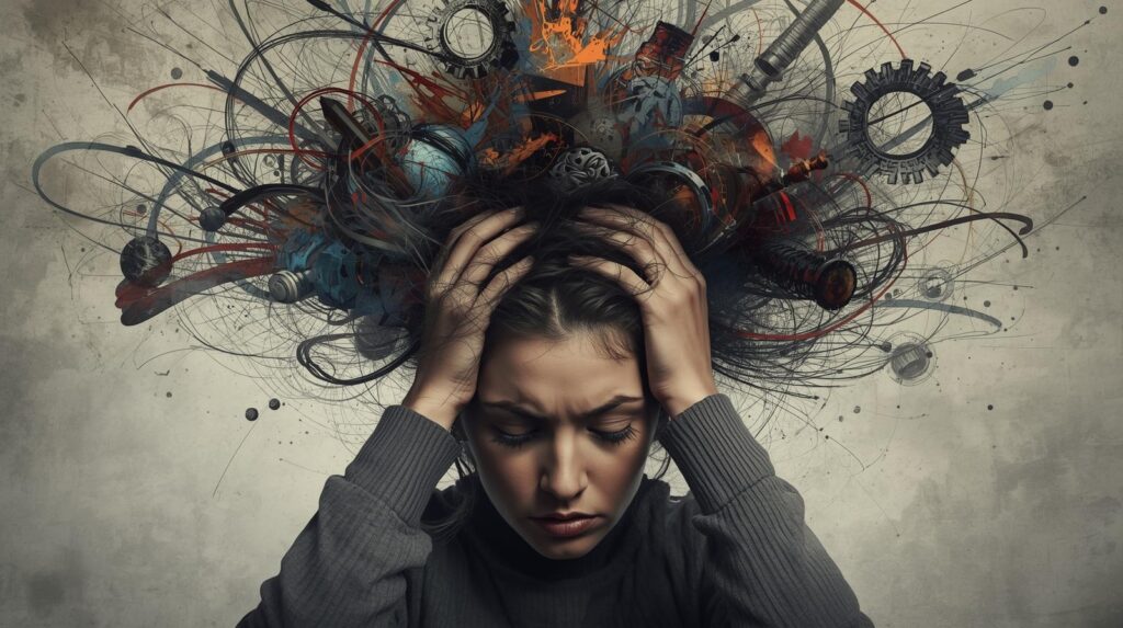 頭を抱えて、頭の中にたくさんの吹き出し（悩み事）が浮かんでパンクしそうになっている女性