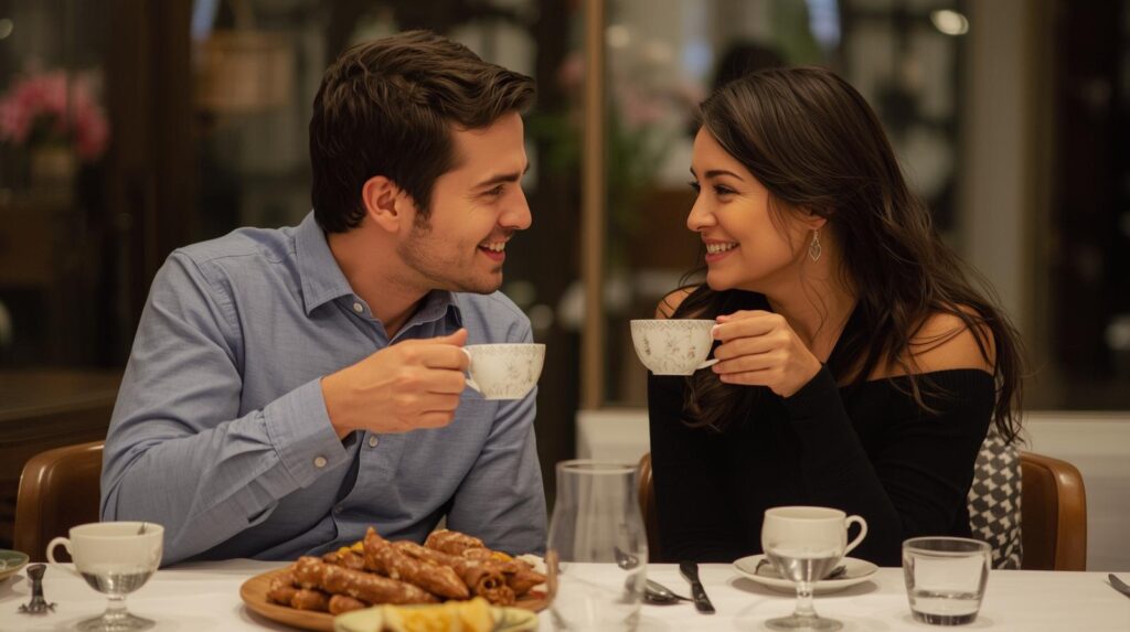 食卓で、子供の話ではなく、お互いの目を見て微笑みながらお茶を飲む二人。