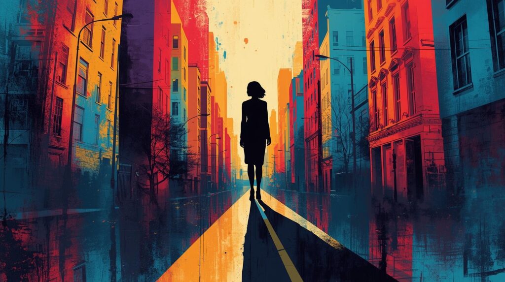 鮮やかな色彩の街並みの中で、一人だけモノクロで立ち尽くす女性。背後には歪んだ影が伸びている。 (1)