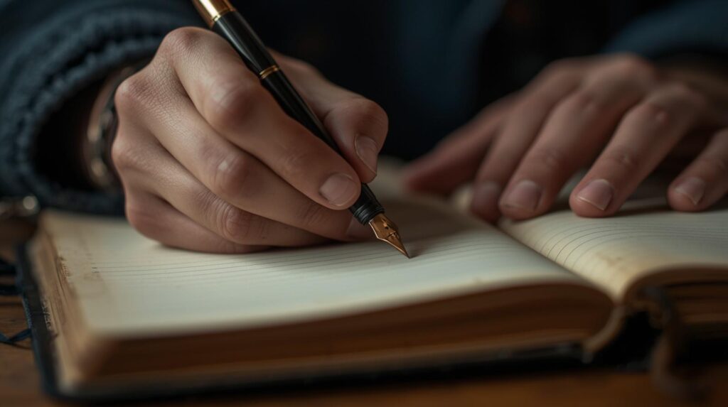 お気に入りのノートに、万年筆で溢れ出す想いを書き連ねている手元のアップ。