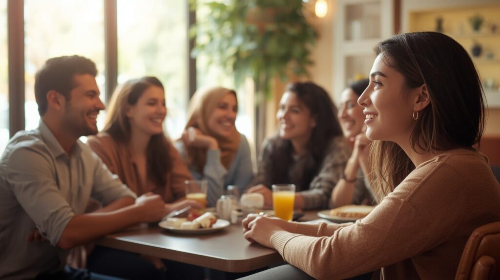 カフェで男女が友人たちと笑い合っている風景。でも、そのテーブルの端で一人の女性がふと外を見つめている、少し意味深な描写。