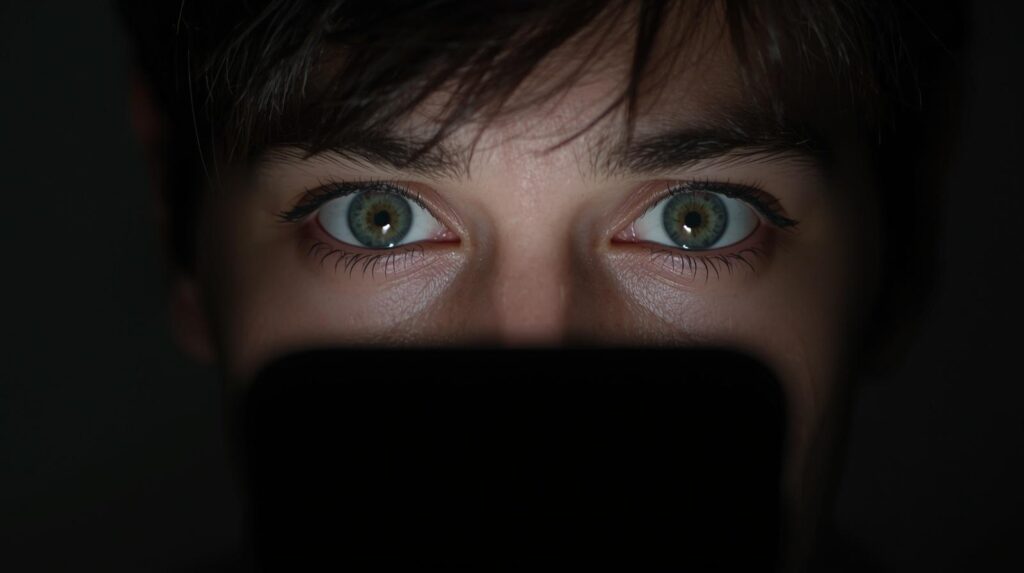 スマホの画面に映る、見慣れない通知を遠くから見つめる不安そうな目。