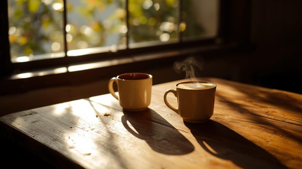 二つのカップが置かれた静かなカフェのテーブル。