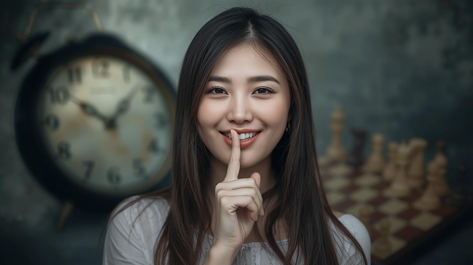 唇に指を当てて「秘密」のポーズをする女性。背景には、少し歪んだ時計やチェス盤。