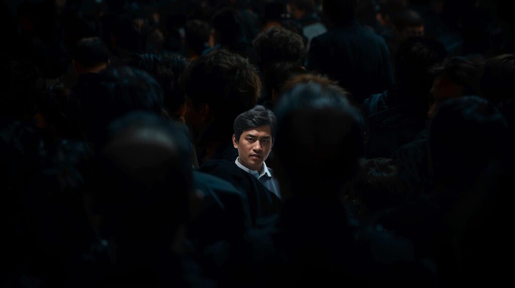 多くの人々の中で、特定の相手だけが輝いて見えるような視覚的演出。