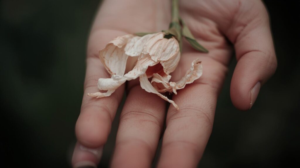 手元にはしおれた一輪の花。