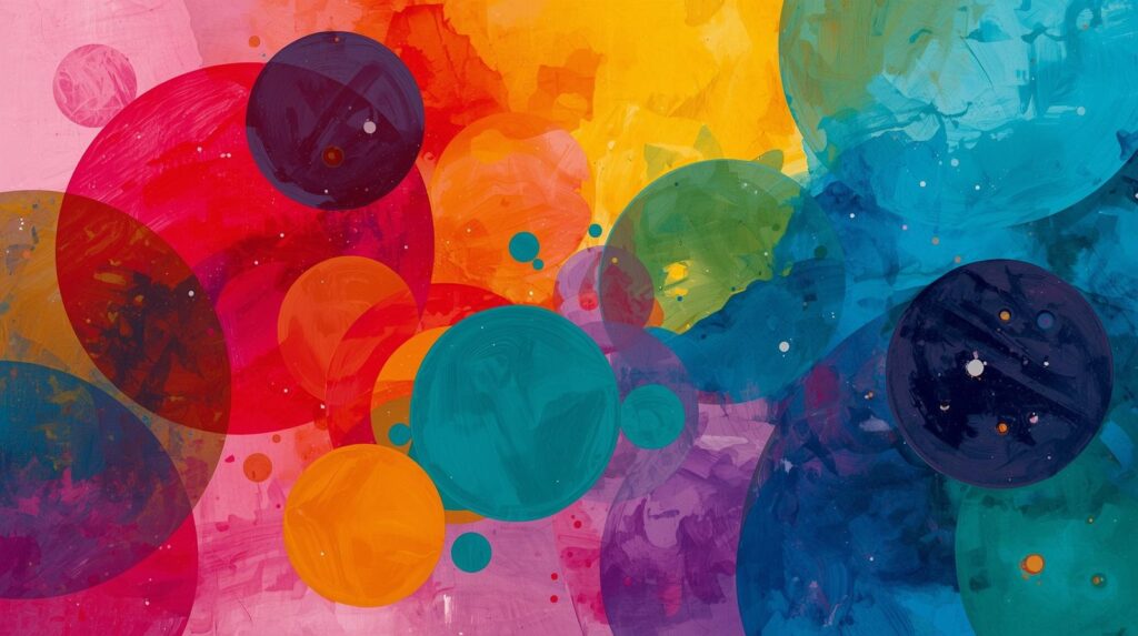 幾重にも重なり合う円（ベン図）のような抽象的なアート、