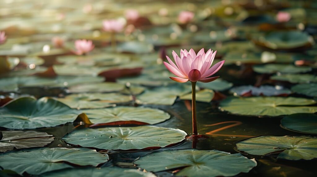 水面に浮かぶいくつもの蓮の花（別腹）と、一輪だけ深く根を張る花（本気）の対比。