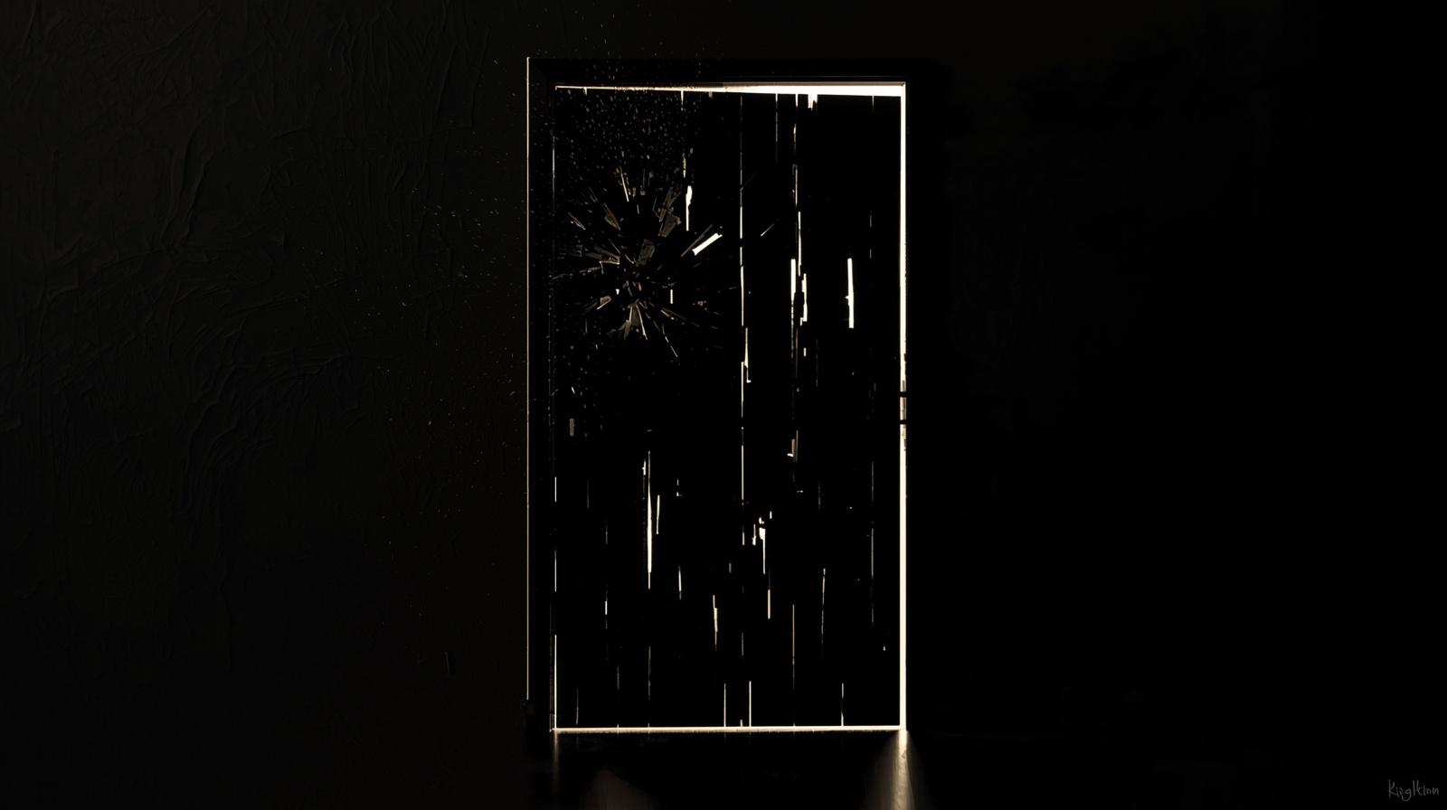 激しく叩かれるドアのシルエット。