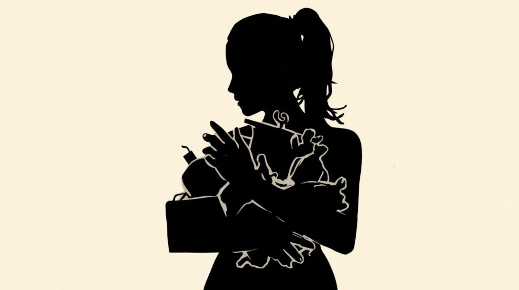 自分の持ち物を抱きしめるシルエット。