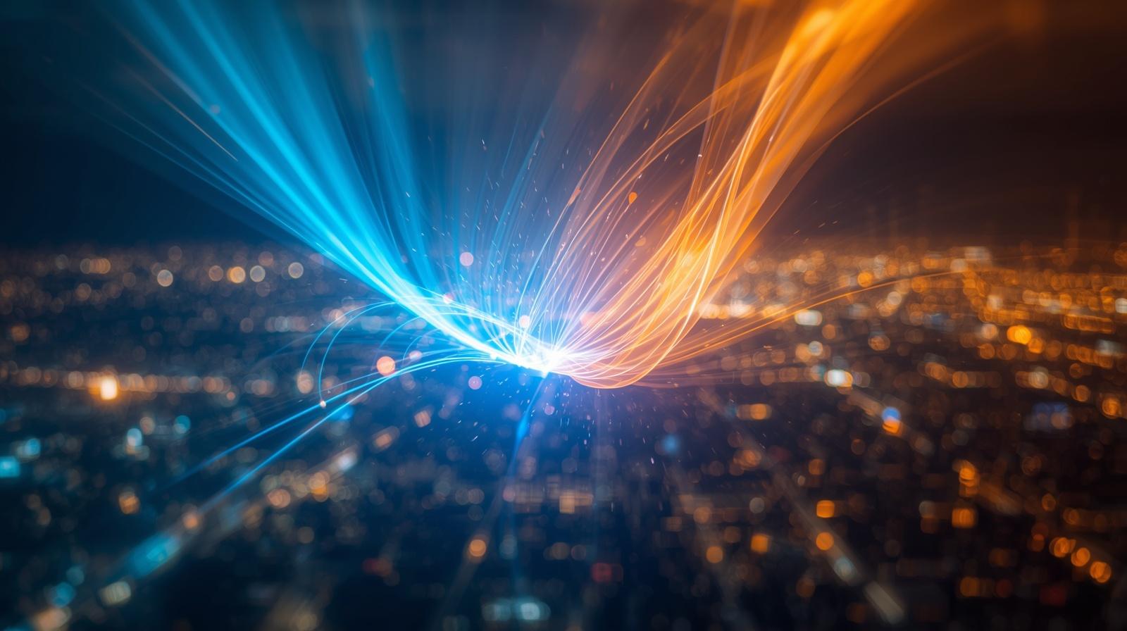 都会の夜景を背景に、対照的な二つの光が混ざり合う抽象的なアート。