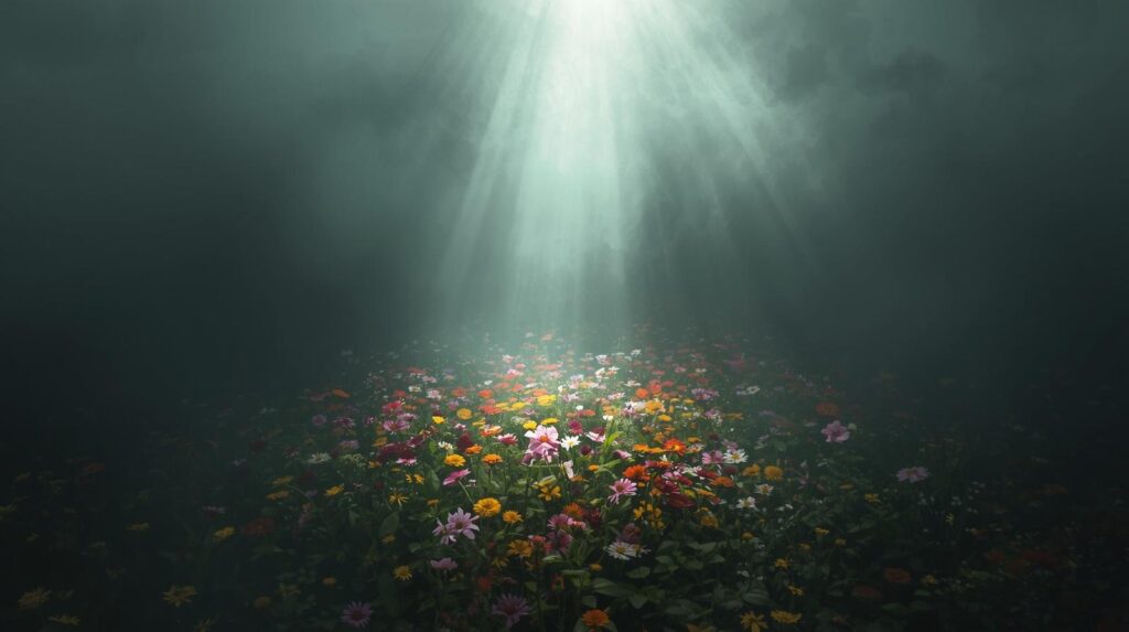 霧の中に一筋の光が差し込み、そこだけ花が鮮やかに咲いている様子